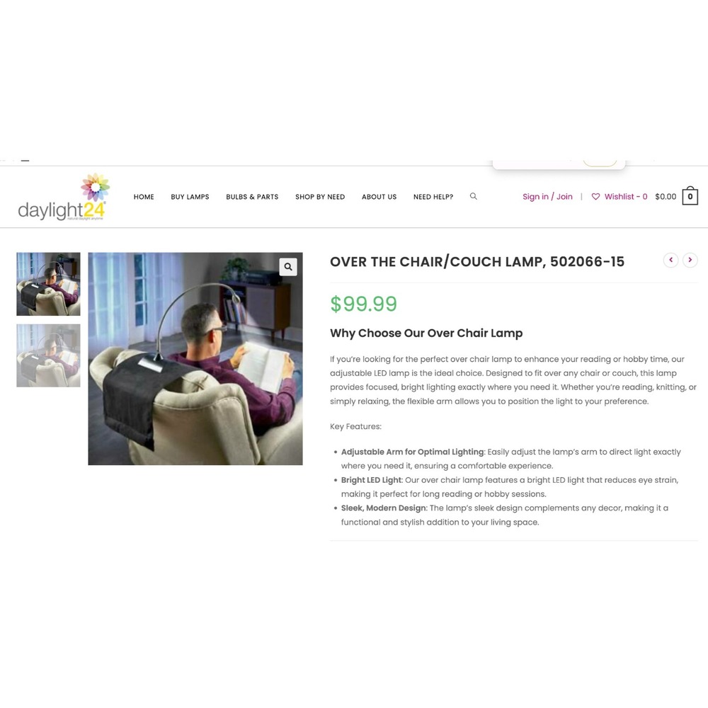 Daylight24 Model 502066-15 Over the Chair/Couch Lamp - EUC